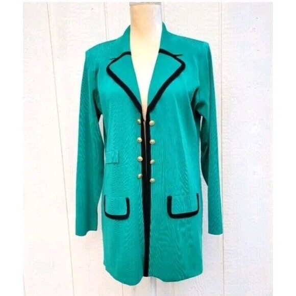 Exclusively Misook Kelly green black trim gold button open Front knit jacket S - Picture 1 of 4